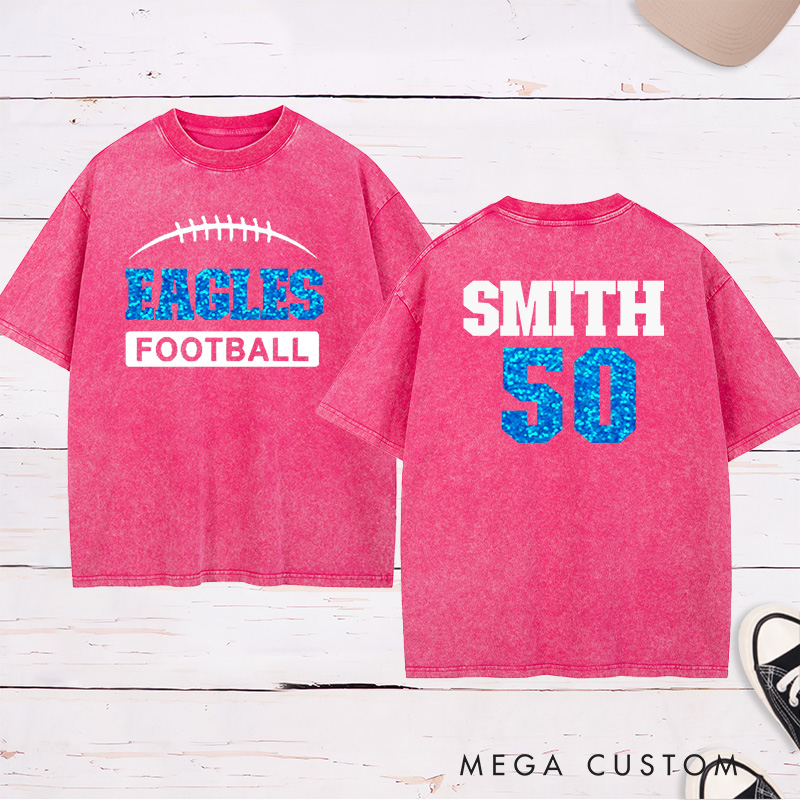 Personalized American Football Washed T-Shirt with Custom Team Name on the Front and Number on the Back