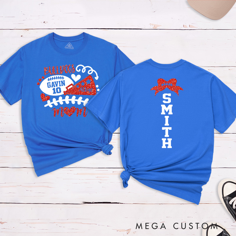 Personalized Glitter American Football and Rugby Cheer Mom T-Shirt with Custom Name and Number