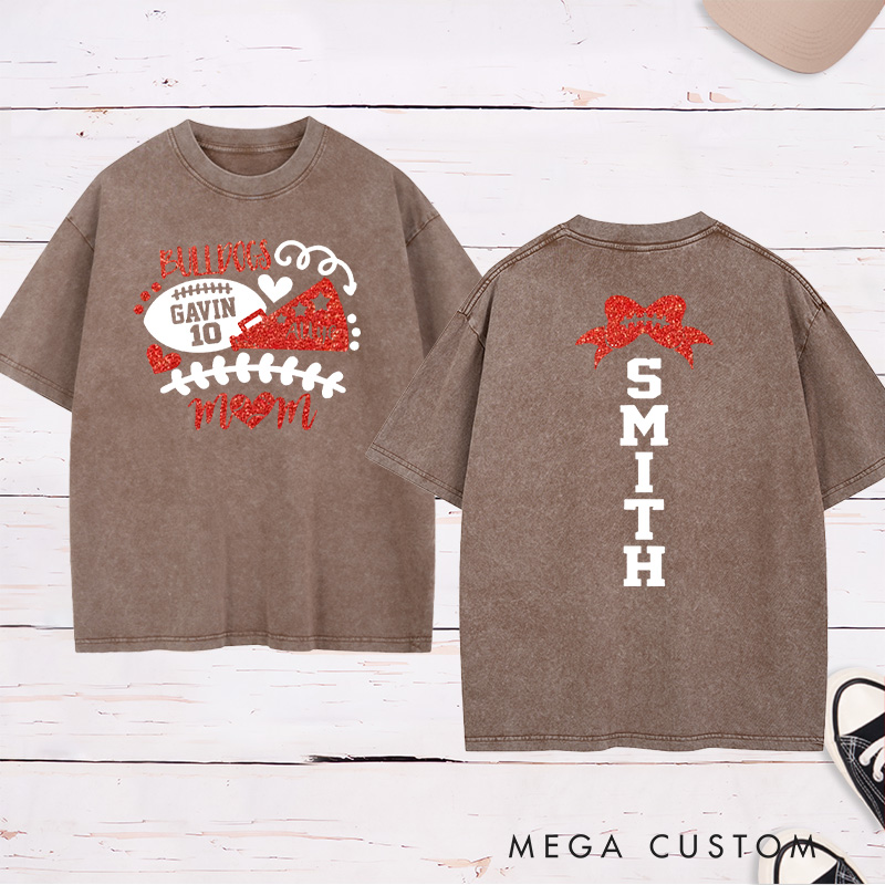 Personalized Glitter American Football and Rugby Cheer Mom Washed T-Shirt with Custom Name and Number