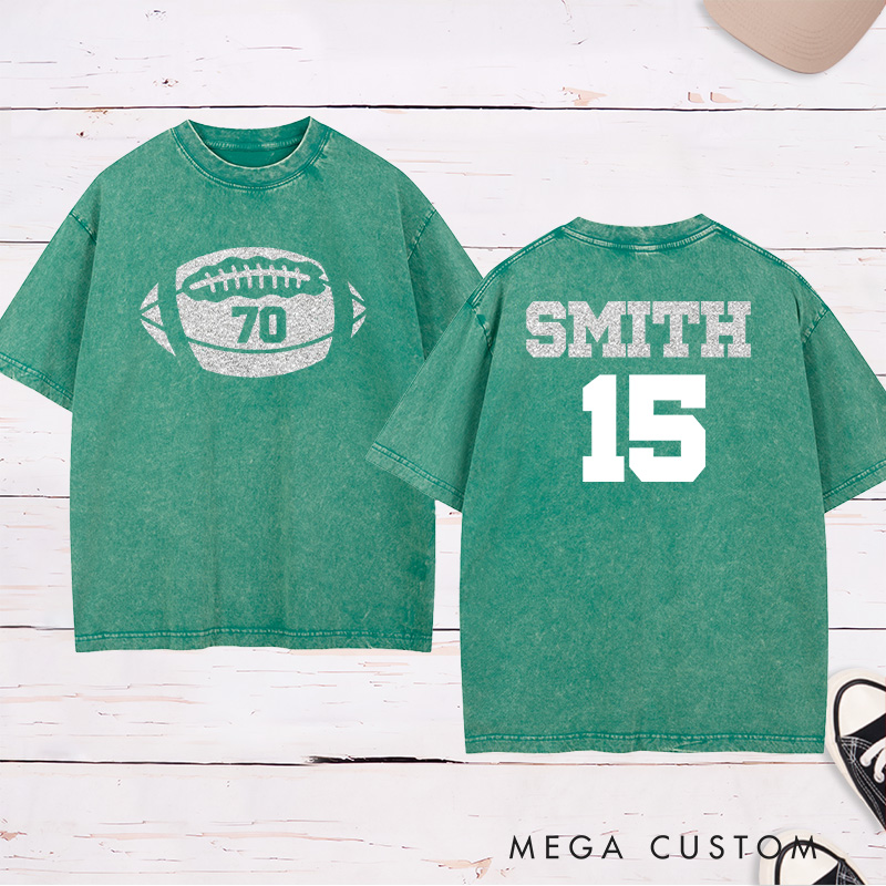 Personalized Glitter American Football and Rugby Washed T-Shirt with Custom Name and Number on the Back