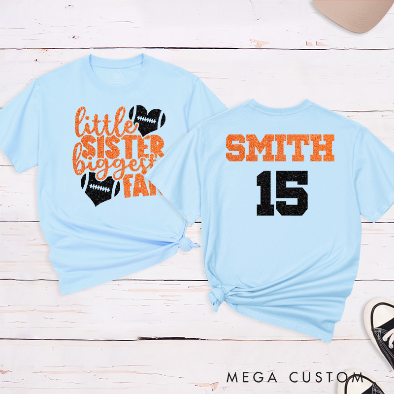 Personalized American Football and Rugby T-Shirts for "Little Sister Biggest Fans" with Custom Name and Number on the Jersey