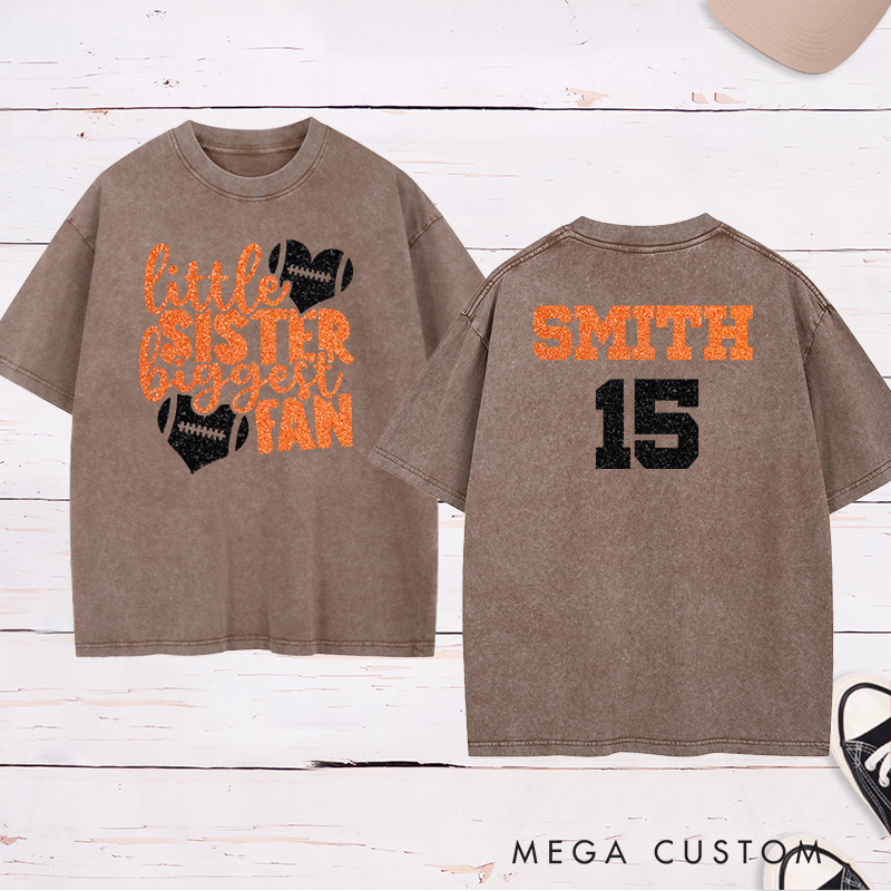 Personalized American Football and Rugby Washed T-Shirts for "Little Sister Biggest Fans" with Custom Name and Number on the Jersey