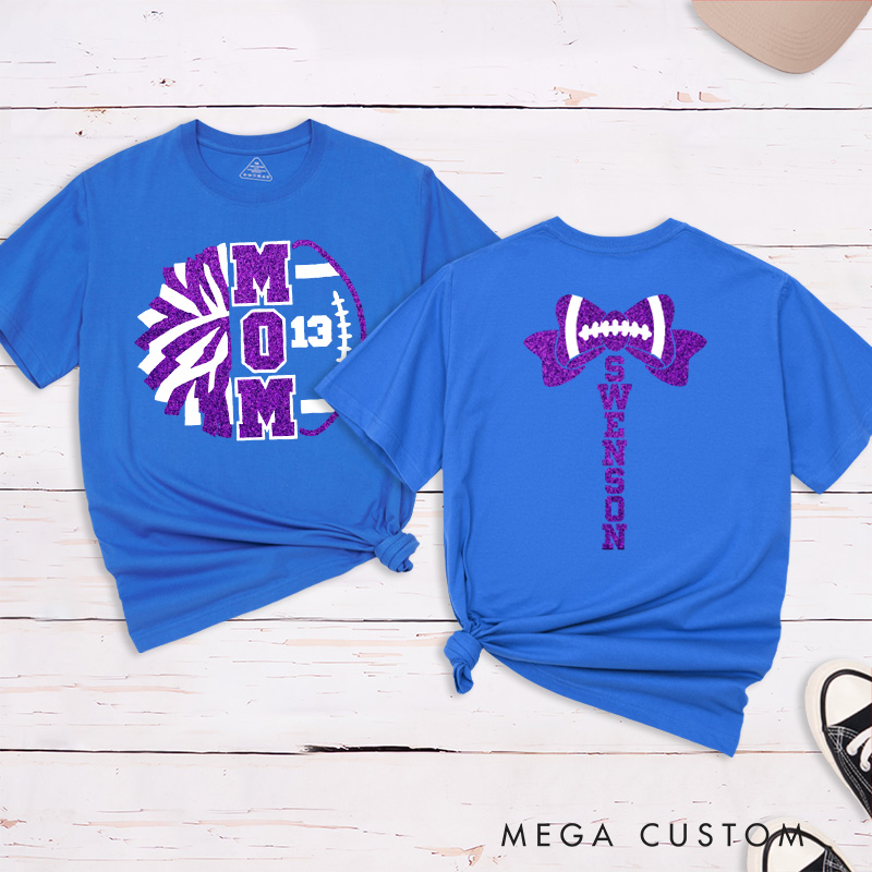 Personalized Glitter American Football and Rugby Cheer Mom T-Shirt with Custom Name on the Back and Number on the Front