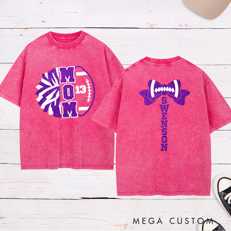 Personalized Glitter American Football and Rugby Cheer Mom Washed T-Shirt with Custom Name on the Back and Number on the Front