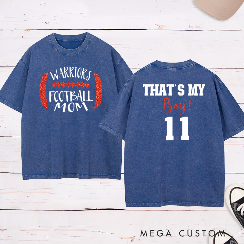 Personalized American Football Washed T-Shirts for "That's My Boy" with Custom Team Name and Number