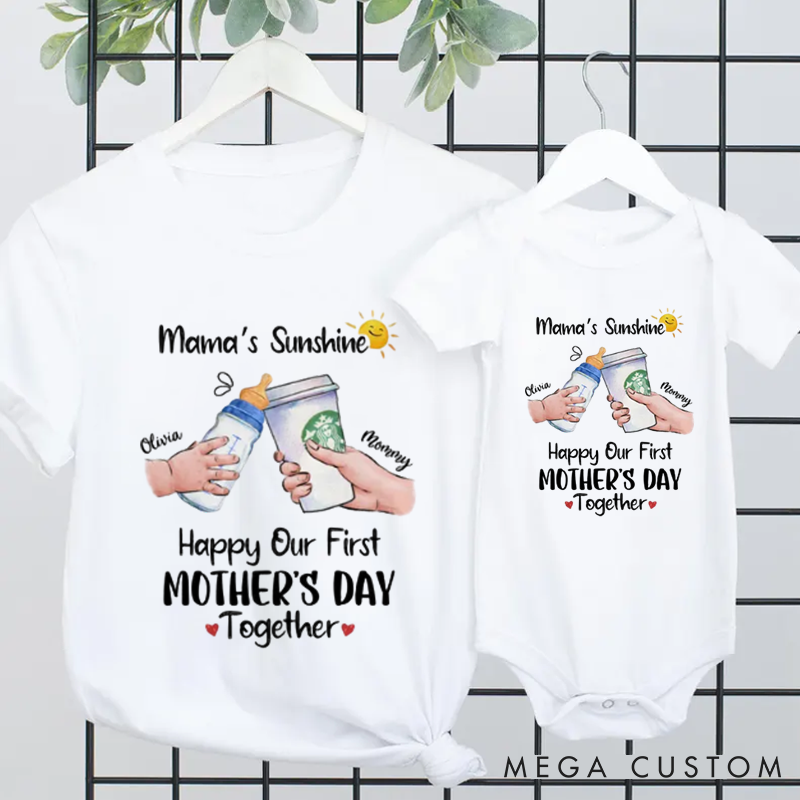 Personalized Mama's Sunshine First Mother's Day Together Adorable Coffee and Baby Bottle Design Family Matching Outfit