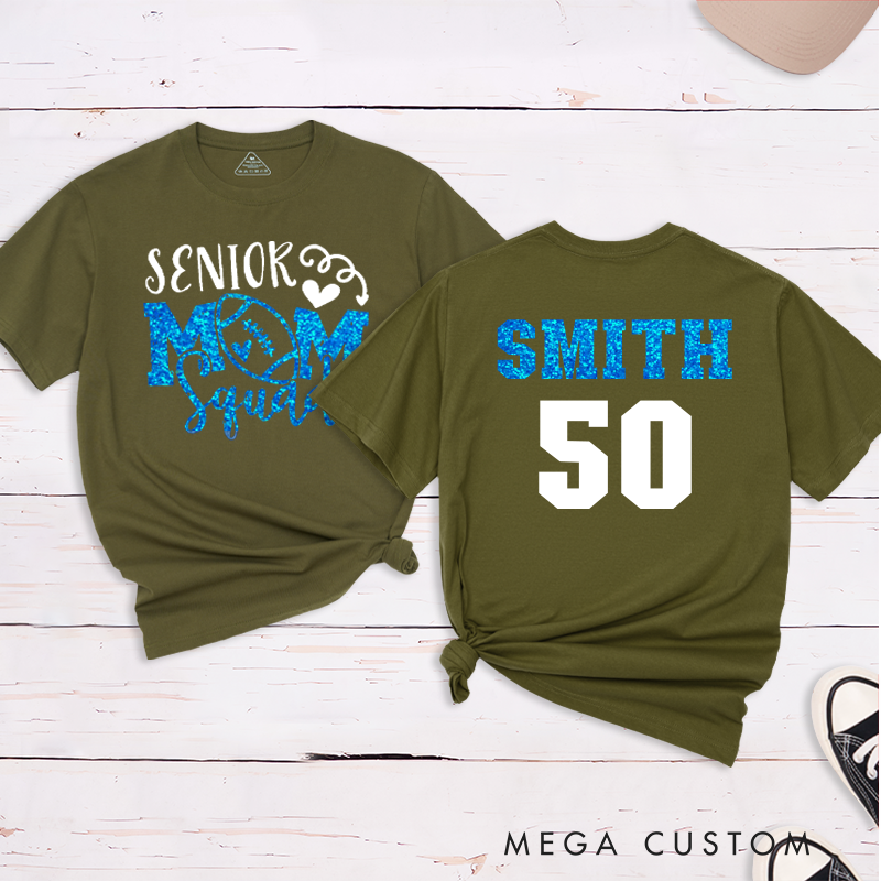 Personalized American Football and Rugby Glitter Senior Mom T-Shirts with Custom Name and Number