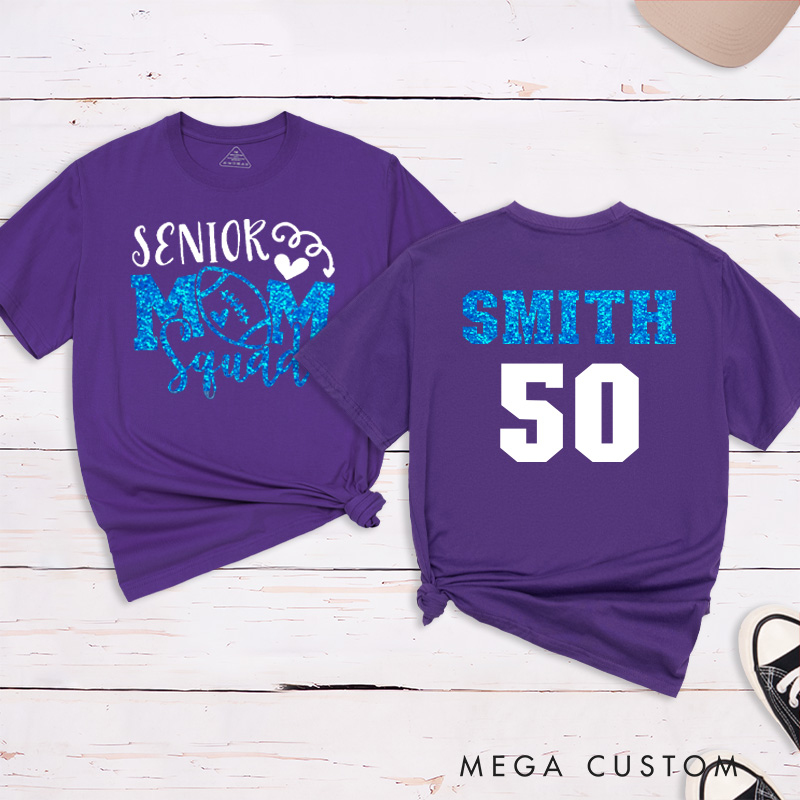 Personalized American Football and Rugby Glitter Senior Mom T-Shirts with Custom Name and Number