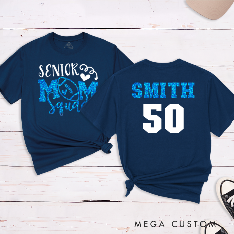 Personalized American Football and Rugby Glitter Senior Mom T-Shirts with Custom Name and Number
