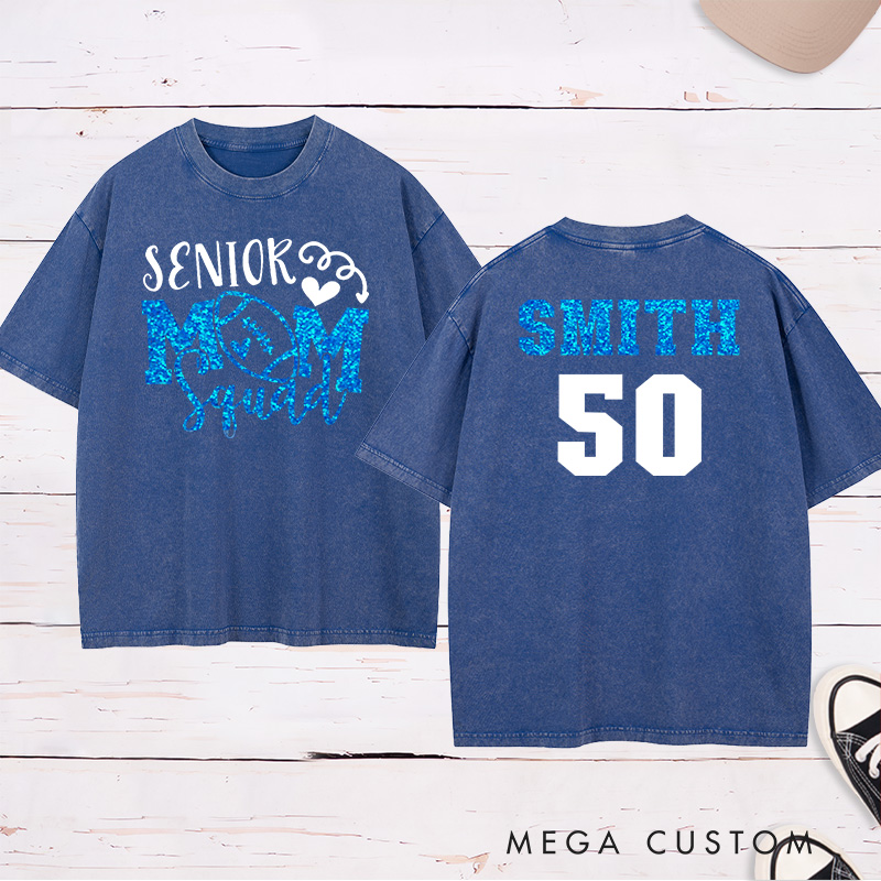 Personalized American Football and Rugby Glitter Senior Washed Mom T-Shirts with Custom Name and Number