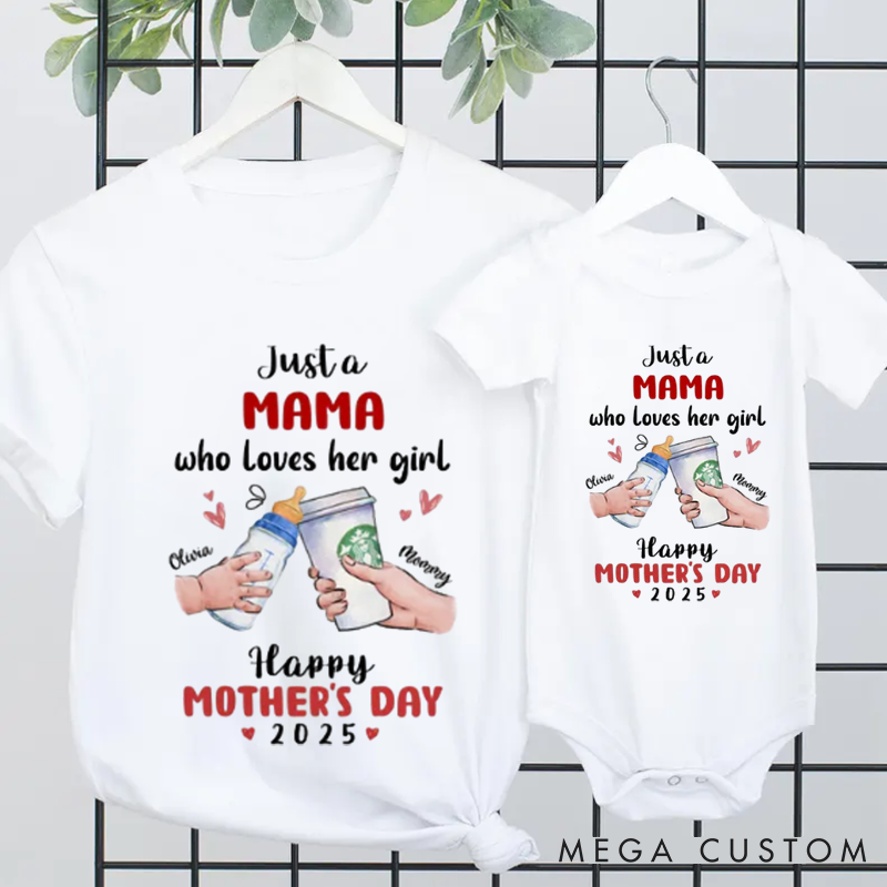 Personalized Happy Mother's Day Featuring Sweet Mommy and Baby Boy with Coffee and Bottle Design Family Matching Outfit