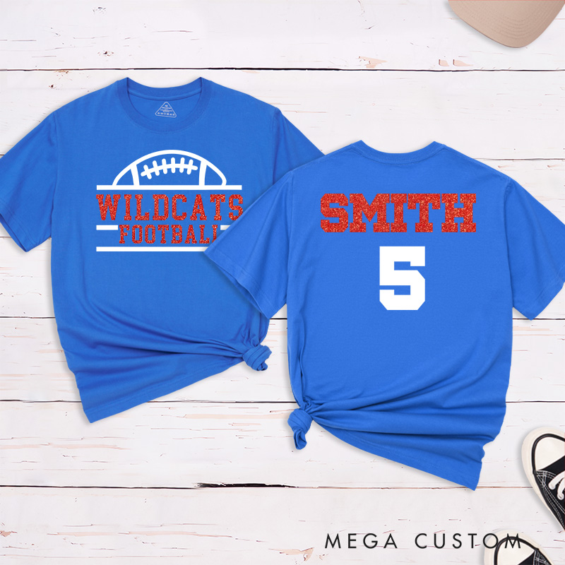 Personalized Glitter American Football and Rugby T-Shirts with Custom Team Name and Number-Game Day Shirt