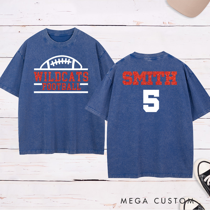 Personalized Glitter American Football and Rugby Washed T-Shirts with Custom Team Name and Number-Game Day Shirt