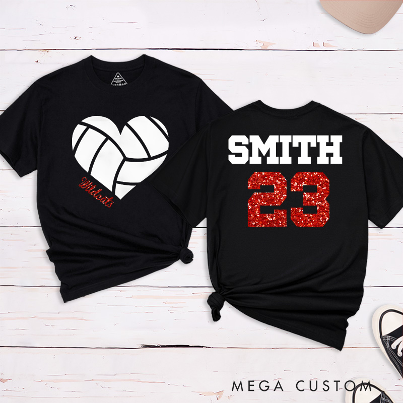 Personalized Glitter Heart Volleyball T-Shirts Featuring Your Team Name and Number