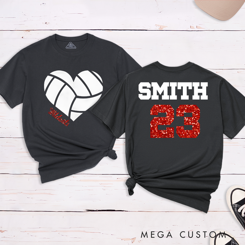 Personalized Glitter Heart Volleyball T-Shirts Featuring Your Team Name and Number
