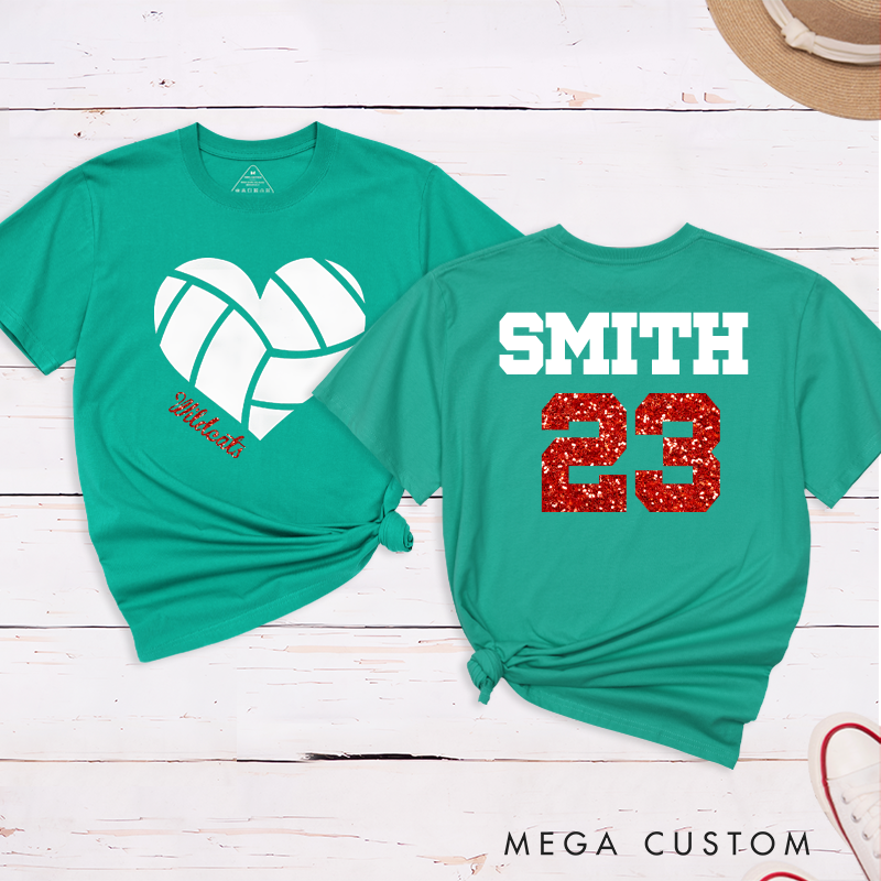 Personalized Glitter Heart Volleyball T-Shirts Featuring Your Team Name and Number