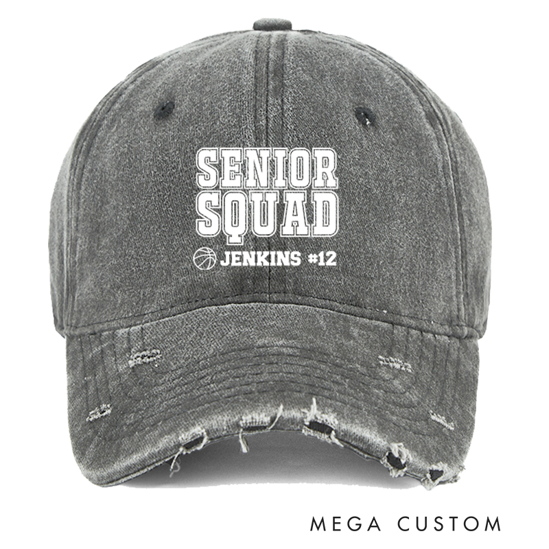 Personalized Senior Squad Distressed Cap with Custom Name and Number Design