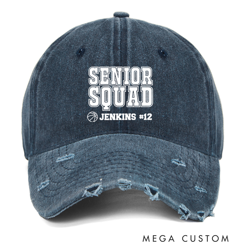 Personalized Senior Squad Distressed Cap with Custom Name and Number Design
