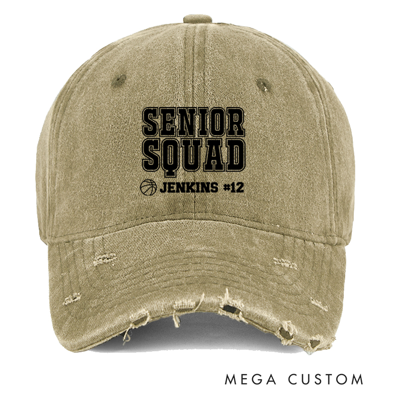 Personalized Senior Squad Distressed Cap with Custom Name and Number Design