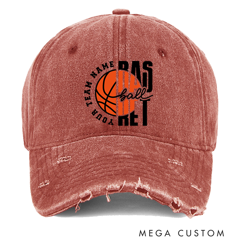 Personalized Basketball Distressed Cap with Custom Team Name and Bold Basketball Graphic Design