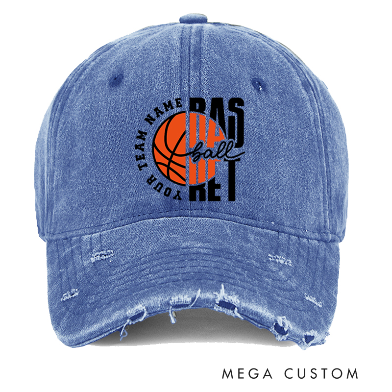 Personalized Basketball Distressed Cap with Custom Team Name and Bold Basketball Graphic Design