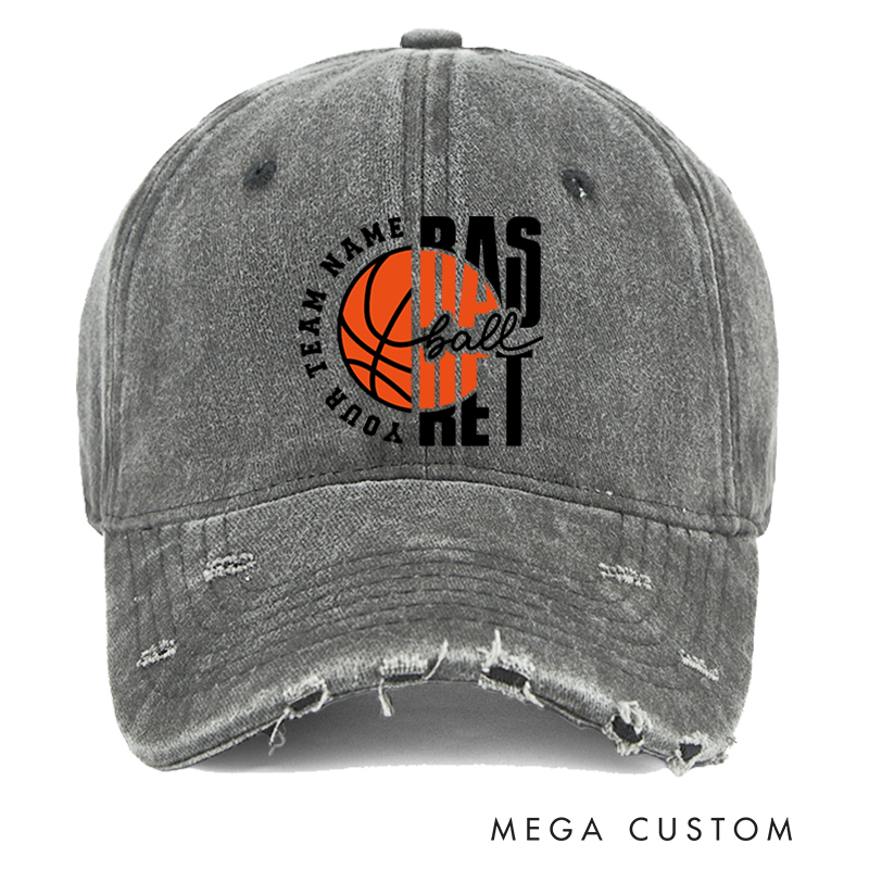 Personalized Basketball Distressed Cap with Custom Team Name and Bold Basketball Graphic Design