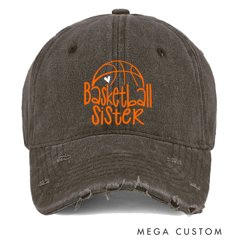 Personalized Basketball Distressed Cap with Customizable Title and Heart Basketball Design