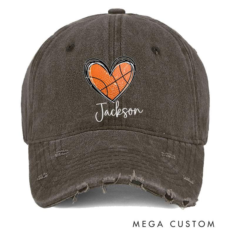 Personalized Distressed Basketball Cap with Heart-Shaped Ball Design and Custom Name