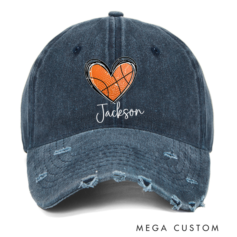 Personalized Distressed Basketball Cap with Heart-Shaped Ball Design and Custom Name