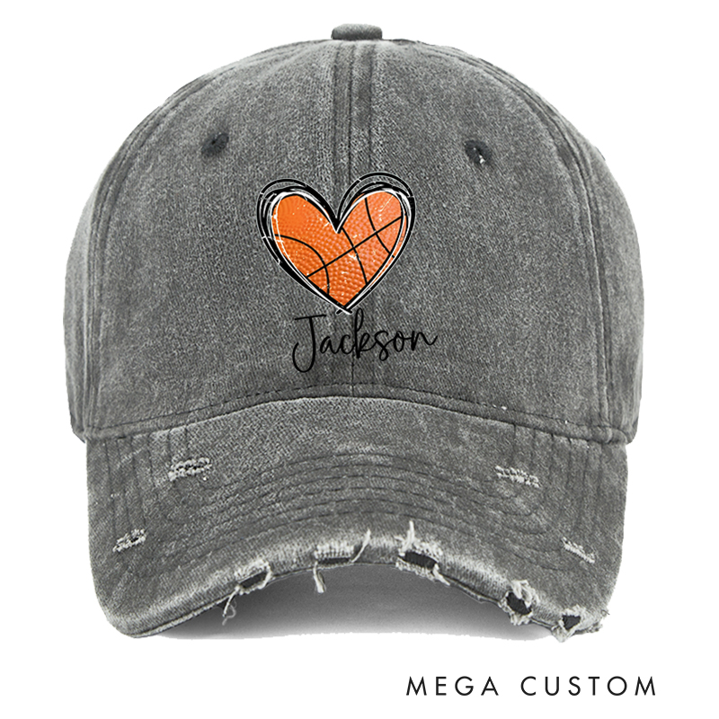 Personalized Distressed Basketball Cap with Heart-Shaped Ball Design and Custom Name
