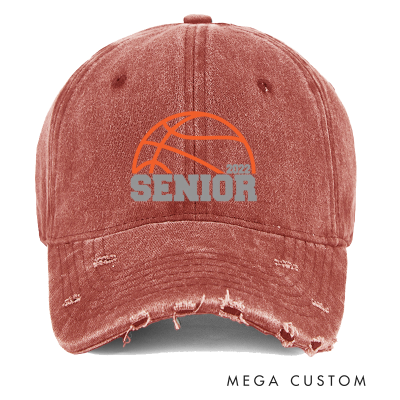Personalized Distressed Basketball Cap with Senior Year Highlight and Basketball Graphic Design