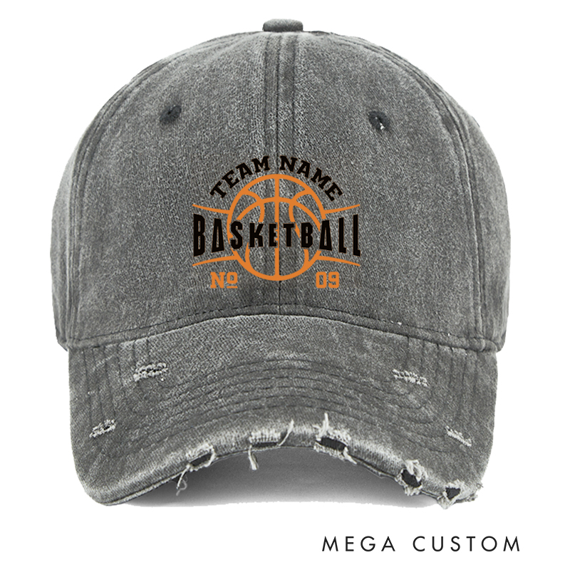 Personalized Distressed Basketball Cap with Custom Team Name Number and Basketball Graphic Design