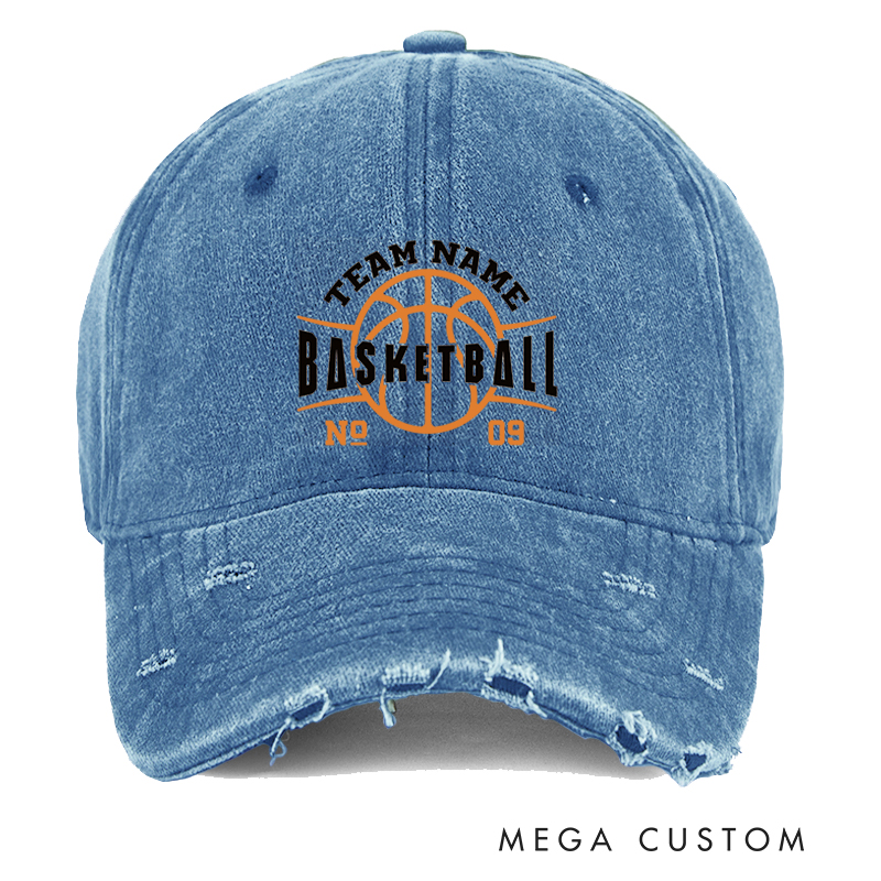 Personalized Distressed Basketball Cap with Custom Team Name Number and Basketball Graphic Design