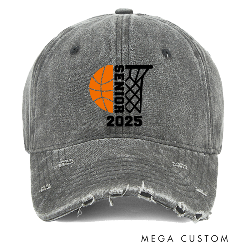 Personalized Distressed Senior Cap with Basketball and Hoop Design and Customizable Year