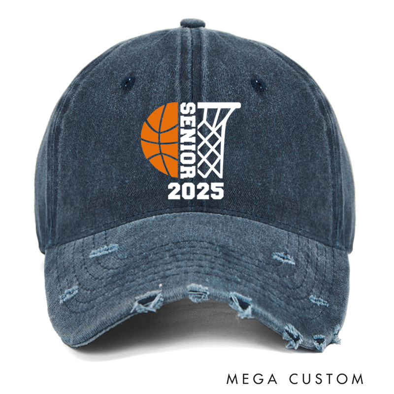 Personalized Distressed Senior Cap with Basketball and Hoop Design and Customizable Year
