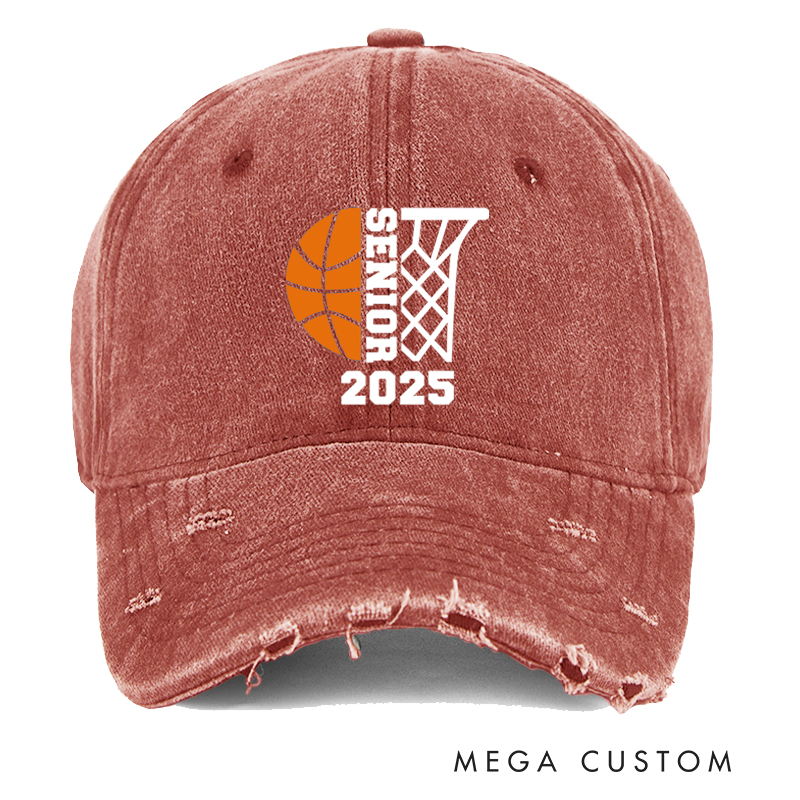 Personalized Distressed Senior Cap with Basketball and Hoop Design and Customizable Year