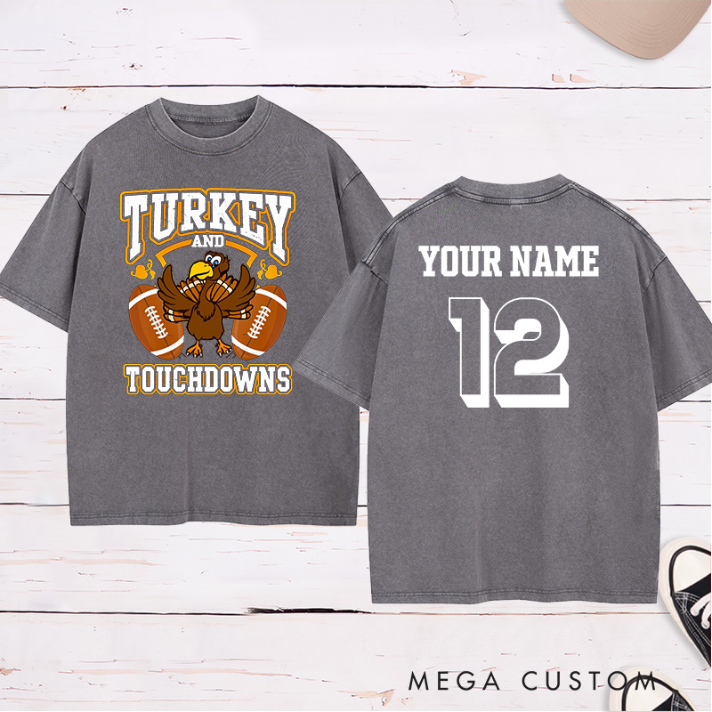 Personalized American Football and Rugby Turkey Washed T-Shirts Featuring Custom Name and Number