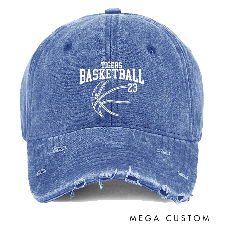 Personalized Distressed Basketball Cap with Custom Team Name and Player Number Design