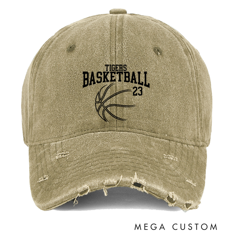 Personalized Distressed Basketball Cap with Custom Team Name and Player Number Design