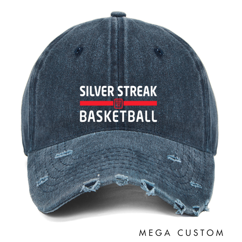 Personalized Distressed Denim Basketball Cap with Custom Team Name and Classic Design
