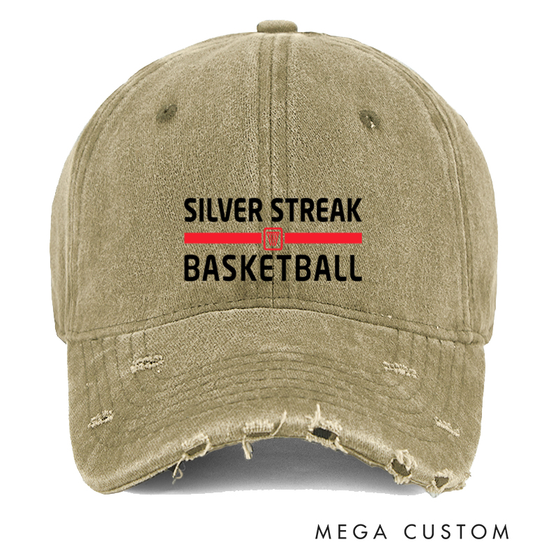 Personalized Distressed Denim Basketball Cap with Custom Team Name and Classic Design