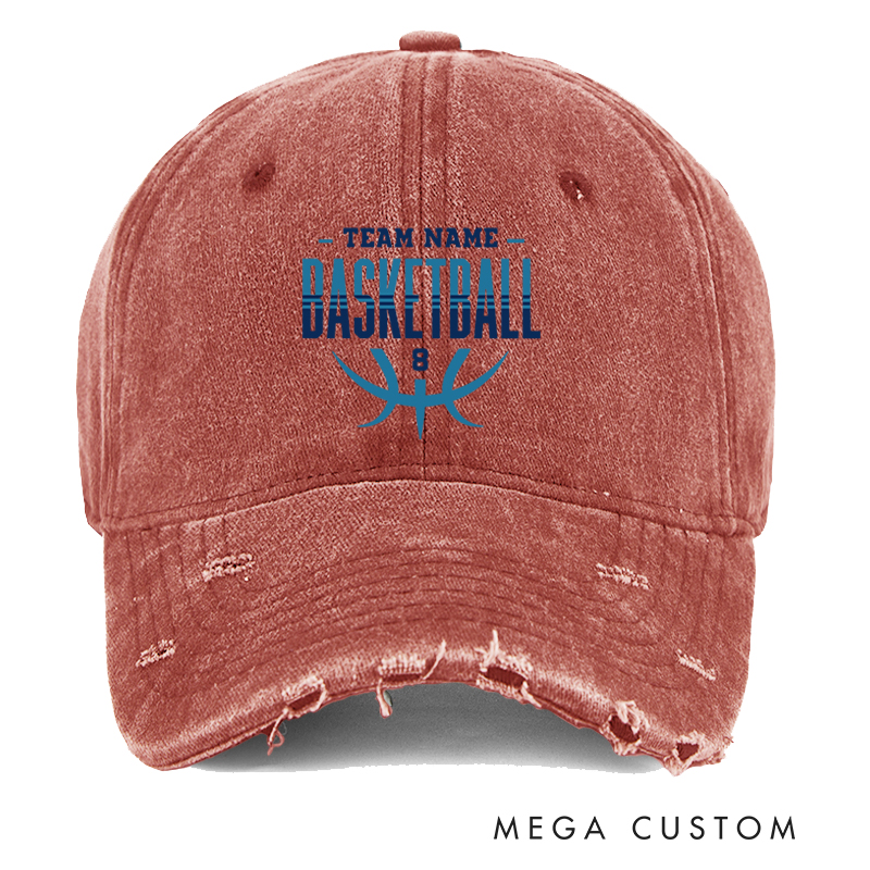 Personalized Distressed Denim Basketball Cap with Custom Team Name and Number Design