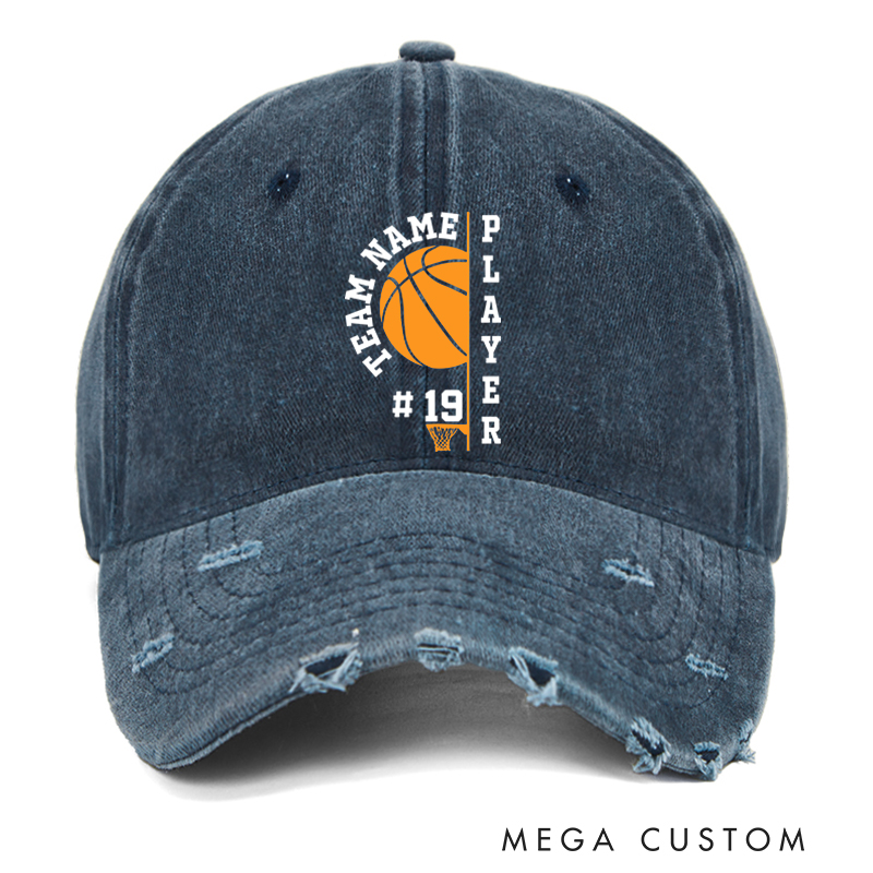 Personalized Distressed Denim Basketball Cap with Custom Team Name Player Title and Number Design