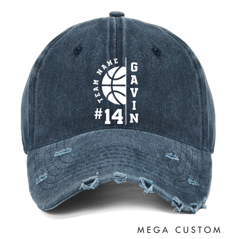 Personalized Distressed Denim Basketball Cap with Custom Team Name Player Name and Number Design