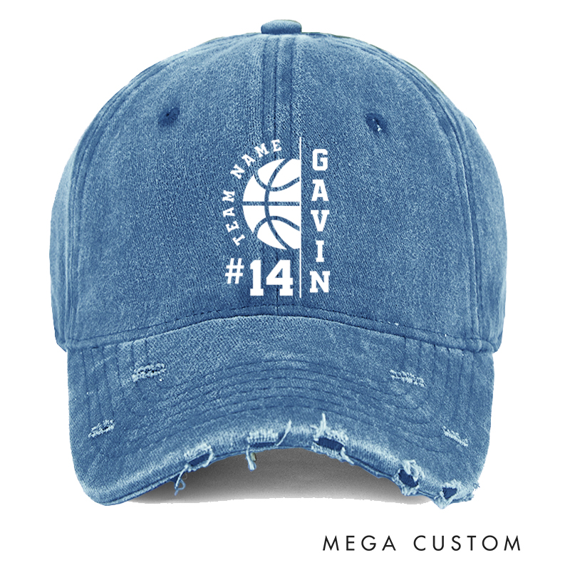 Personalized Distressed Denim Basketball Cap with Custom Team Name Player Name and Number Design