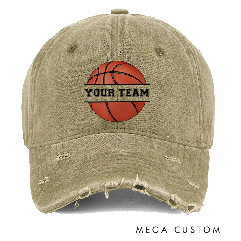 Personalized Distressed Denim Basketball Cap with Team Name and Bold Graphic Design