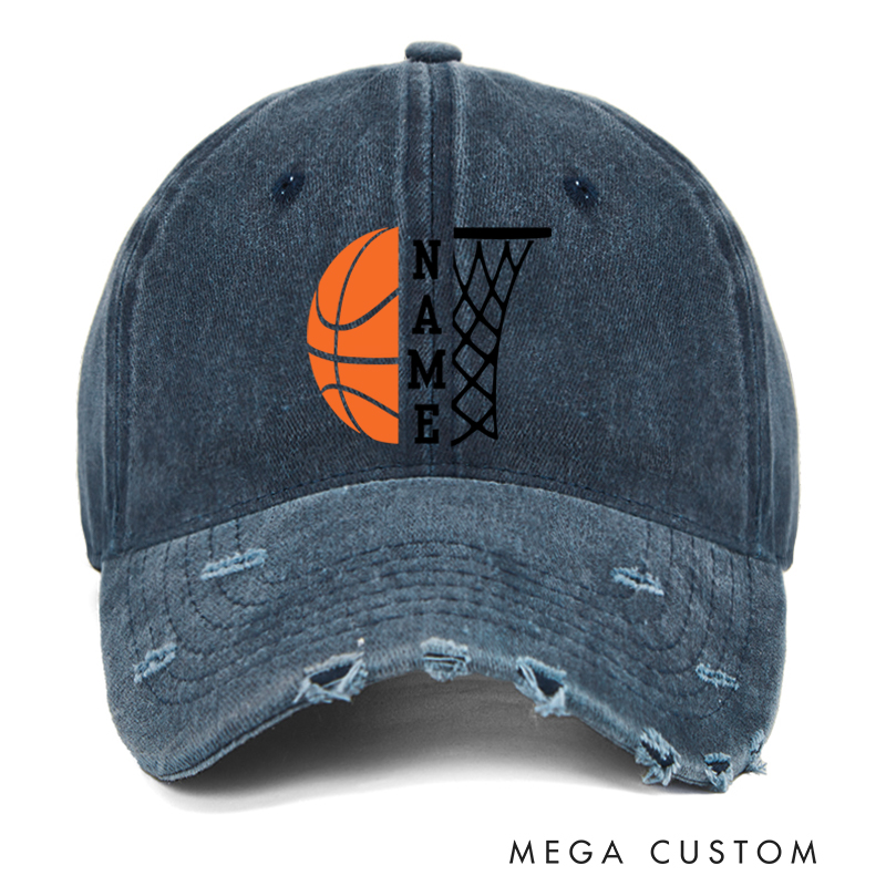 Personalized Distressed Denim Basketball Cap with Custom Name Basketball Graphic and Hoop Design