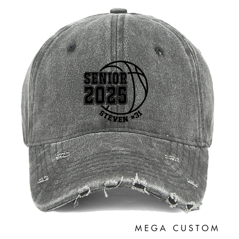 Personalized Distressed Denim Basketball Cap for Seniors with Graduation Year Name and Number Design