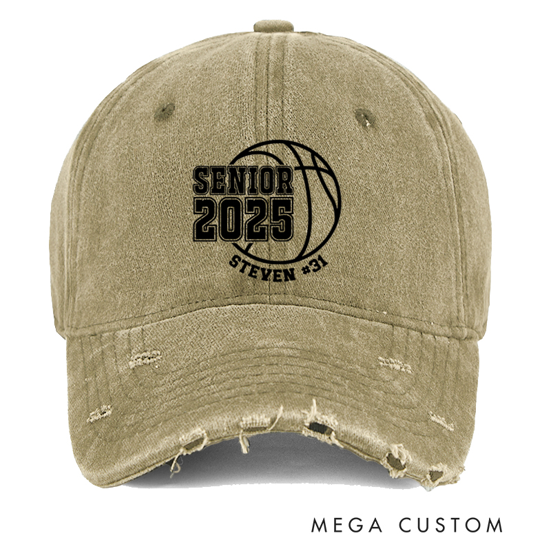 Personalized Distressed Denim Basketball Cap for Seniors with Graduation Year Name and Number Design