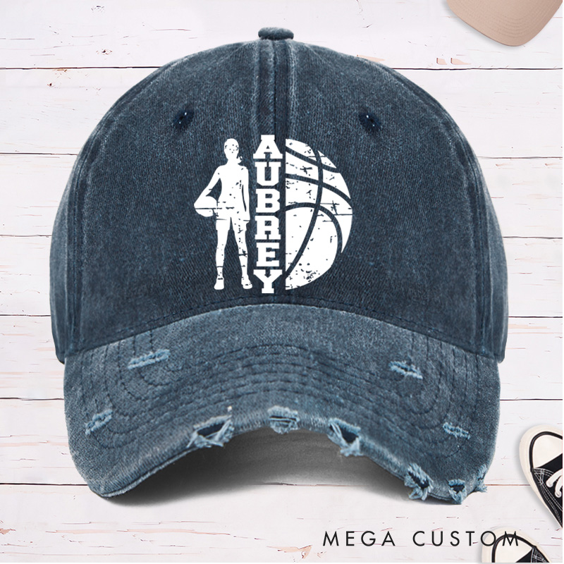 Personalized Distressed Denim Basketball Cap with Custom Name and Player Silhouette Design